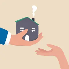 Une main tend une maison, symbolisant le droit viager au logement, à une autre main ouverte.