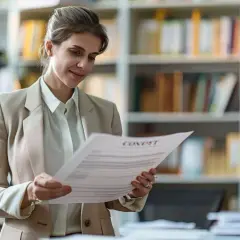 Une femme examine un document, le titre "CONDITIONS" suggère une possible publicité mensongère.