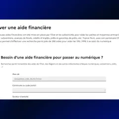 Formulaire de recherche d'aides financières avec champs pour mot-clé, commune et secteur d'activité.