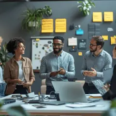 Une équipe discute avec enthousiasme dans un bureau moderne, planifiant comment reprendre entreprise familiale.