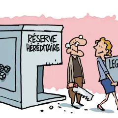 Un homme avec une scie s'approche d'un coffre-fort "Réserve Héréditaire". Une femme emporte une boîte marquée "LEGS".