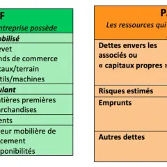 Tableau comparant l'actif (ressources de l'entreprise : investissements, stocks, créances, trésorerie) et le passif (ressources ayant permis de posséder l'actif : capitaux propres, emprunts, autres dettes). L'actif net successoral est la différence ent...