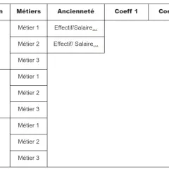 Tableau de classification des métiers (Cadres, Agents de maîtrise, Ouvriers) avec ancienneté et colonnes pour le coefficient hiérarchique.