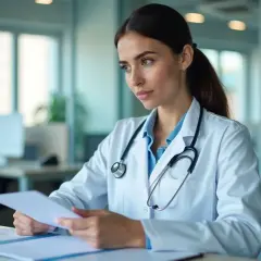Médecin concentré sur des documents, peut-être une convention collective des cabinets médicaux, dans un bureau moderne.