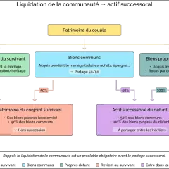 Schéma expliquant le partage des biens après décès des parents : biens propres du survivant, biens communs (partage 50/50) et biens propres du défunt.