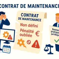 Un homme inquiet regarde un contrat de maintenance mal rédigé, avec des erreurs et des pénalités oubliées. L'autre homme présente les bonnes pratiques juridiques pour dénoncer un contrat.