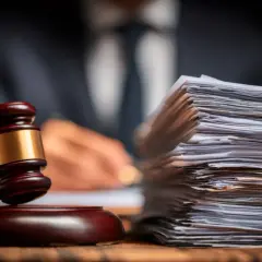 Marteau de juge et pile de documents, symbolisant la reddition de compte et la justice. Un homme en costume écrit en arrière-plan.
