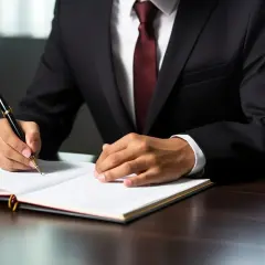 Un homme en costume écrit dans un registre. Il est temps de réfléchir à comment annuler un testament déposé chez un notaire.