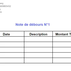 Note de débours N°1 pour Sheryl Sandberg, avec des colonnes pour la date, la description et le montant TTC.