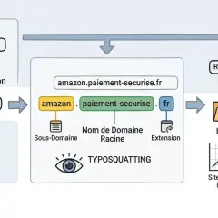 Schéma expliquant le typosquatting : vérification d'extension, analyse du nom de domaine et recherche WHOIS pour identifier un **site frauduleux**.
