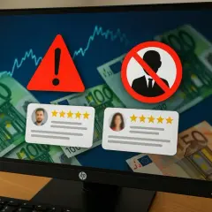 Avertissement sur un écran d'ordinateur : graphiques, billets en euros, icône d'interdiction et avis clients. Cela pourrait illustrer une liste noire des sites de vente en ligne.
