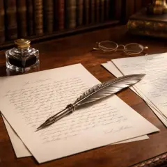 Plume et encrier sur des documents manuscrits sur un bureau en bois.