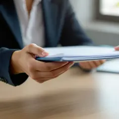 Une main tend un dossier de documents, symbolisant une lettre remise en main propre lors d'un entretien ou d'une transaction importante.