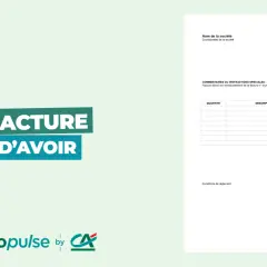 Document de facture d'avoir avec logo "propulse by CA". Détails de la facture, quantité, description, prix, total, sous-total, TVA, frais d'expédition et total dû.