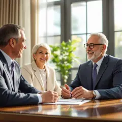 Trois personnes discutent autour d'une table. L'homme de droite, un légataire particulier, sourit.