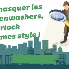 Démasquez les greenwashers, style Sherlock Holmes ! Un détective examine une ville avec une loupe, révélant les fausses promesses écologiques.