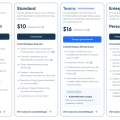 Tableau comparatif des plans : Free (gratuit), Standard ($10/mois), Teams ($16/mois) et Enterprise. Idéal pour une application prise de rendez-vous gratuit.
