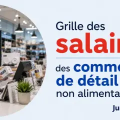 Une vendeuse souriante présente un produit dans un magasin. Le texte indique "Grille des salaires des commerces de détail non alimentaires".