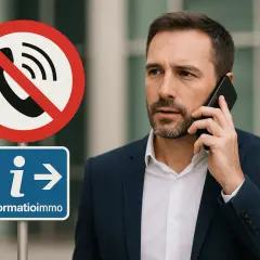 Un homme en costume parle au téléphone à côté d'un panneau "interdit d'appeler" et d'un panneau "information". Il semble préoccupé par le **bloctel particulier**.