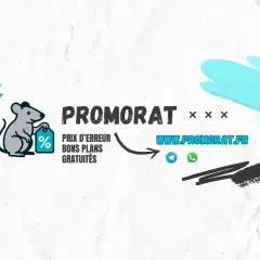 Souris tenant une étiquette avec un pourcentage, logo "PROMORAT", site web et icônes de messagerie.