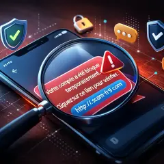 Avertissement sur un téléphone : "Votre compte a été bloqué temporairement. Cliquez sur ce lien pour vérifier : http://.scam-fr9.com". Attention au faux démarchage à domicile.
