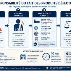 Schéma du régime de responsabilité du fait des produits défectueux. Le responsable légal peut être le producteur, le fournisseur, l'importateur ou le distributeur.