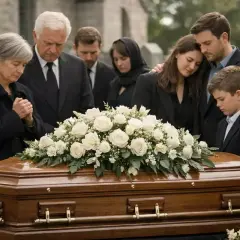 Famille en deuil devant un cercueil fleuri, lors d'une cérémonie funéraire.