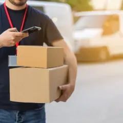 Livreur avec colis, vérifiant son téléphone. Un retard de livraison peut être une violation du code de la consommation.