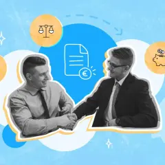 Deux hommes se serrent la main, symbolisant un accord. Des icônes de contrat, de tirelire et de balance suggèrent une transaction financière réussie. Le compte 609 est bien géré.
