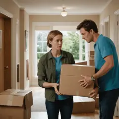 Un couple découvre une erreur de commande en déballant des cartons dans un couloir.