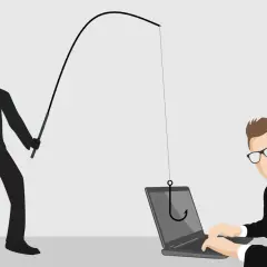 Un pirate informatique tente une usurpation d'identité par téléphone, utilisant une canne à pêche pour attraper un ordinateur portable.