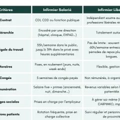 Tableau comparatif infirmier : le salaire fixe des salariés inclut des primes d'ancienneté, tandis que les libéraux ont des revenus variables.