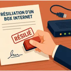 Document "Résiliation d'un box internet" tamponné "RÉSILIE". Une main appose le cachet, symbolisant la fin d'un abonnement.