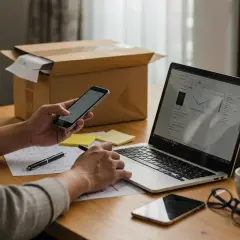 Personne travaillant sur un ordinateur portable, un téléphone et des documents, avec une boîte ouverte à côté. L'écran de l'ordinateur affiche un e-mail, peut-être un refus de remboursement.
