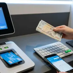Main tenant une liasse de billets, une personne utilise un smartphone près d'un terminal bancaire. La carte bancaire bloquée dépassement découvert est insérée.