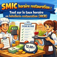 Un chef et une serveuse discutent du SMIC horaire restauration. Une calculatrice affiche 39:00, une fiche de paie est visible, avec des billets et des pièces.