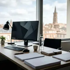Bureau avec ordinateur, documents et vue sur la ville. Idéal pour réfléchir à comment déposer un brevet et protéger son invention.