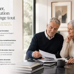 Un couple âgé examine des documents, illustrant les avantages d'un contrat viager : capital immédiat, revenus complémentaires, confort et sécurité.