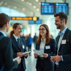Des employés du tourisme discutent dans un aéroport, peut-être à propos de la convention collective tourisme.