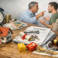 Scène de dispute familiale autour d'un testament, d'une maison à vendre et d'une succession. L'initiative transmission en cas de décès est source de conflits.
