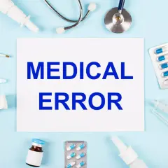 Papier avec "MEDICAL ERROR" entouré de matériel médical. Une situation qui peut mener à dénoncer un médecin.