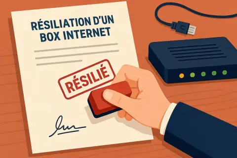 Document "Résiliation d'un box internet" tamponné "RÉSILIE". Une main appose le cachet, symbolisant la fin d'un abonnement.