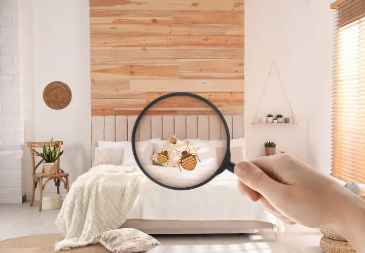 Loupe révélant des punaises de lit sur un coussin dans une chambre. Attention à l'arnaque punaise de lit !