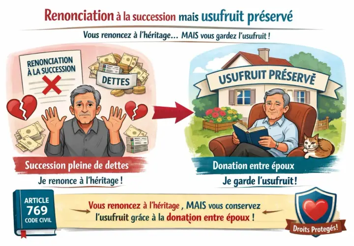 Un homme renonce à une succession pleine de dettes, mais grâce à une donation entre époux, il conserve l'usufruit et lit paisiblement avec son chat.