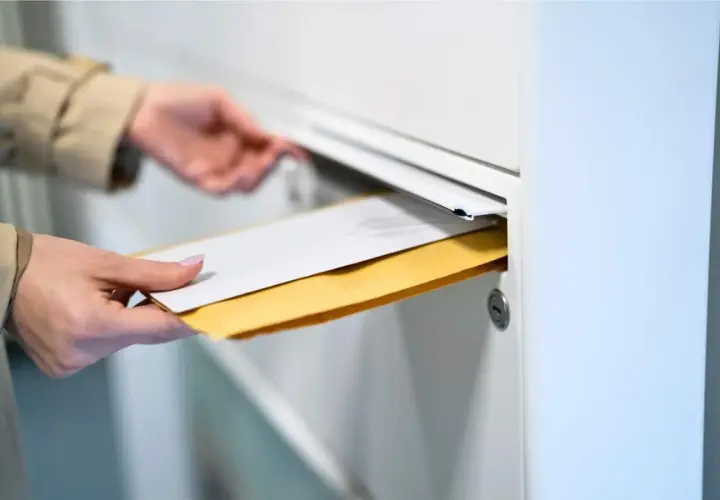 Main tenant insère des enveloppes dans une boîte aux lettres. Le délai recommandé pour la réception est important.