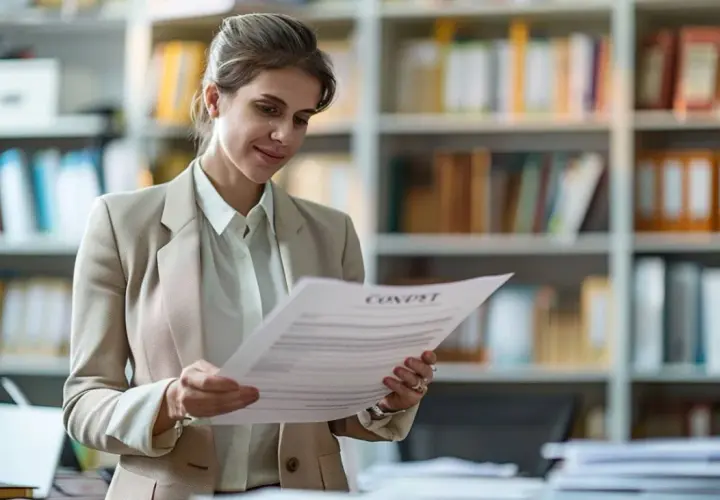 Une femme examine un document, le titre "CONDITIONS" suggère une possible publicité mensongère.