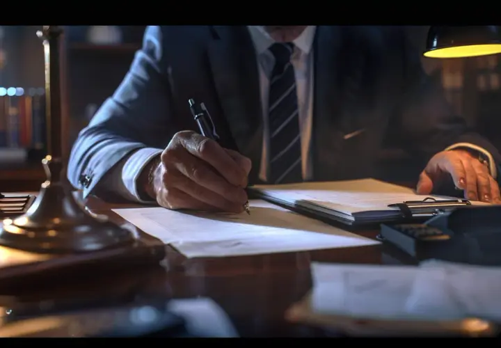 Un homme en costume signe des documents, peut-être un notaire enquêtant sur un détournement de succession.