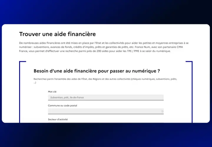 Formulaire de recherche d'aides financières avec champs pour mot-clé, commune et secteur d'activité.