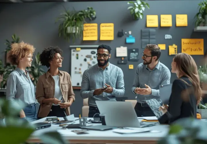 Une équipe discute avec enthousiasme dans un bureau moderne, planifiant comment reprendre entreprise familiale.
