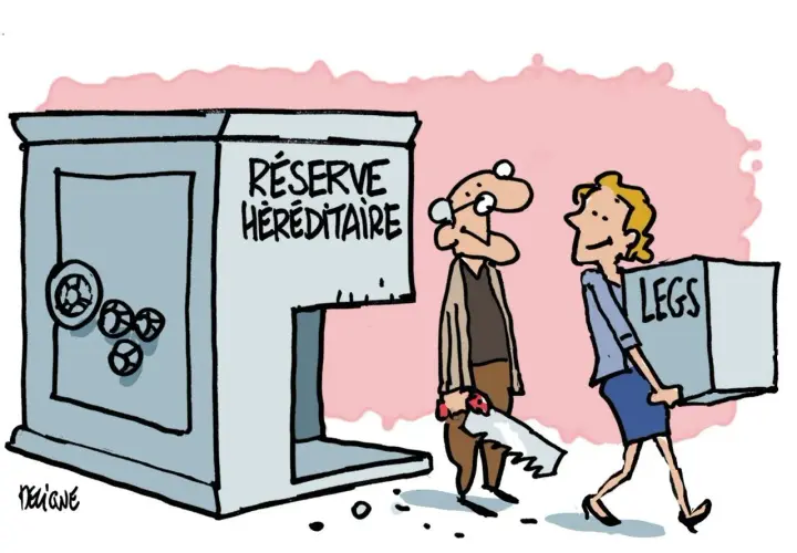 Un homme avec une scie s'approche d'un coffre-fort "Réserve Héréditaire". Une femme emporte une boîte marquée "LEGS".